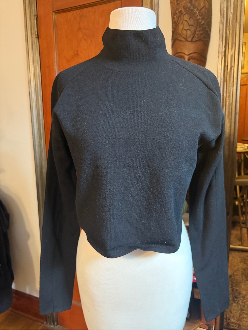 Helmet Lang Black Compact Wool Blend Neck Raglan Sleeve Mock Turtleneck Sz Small